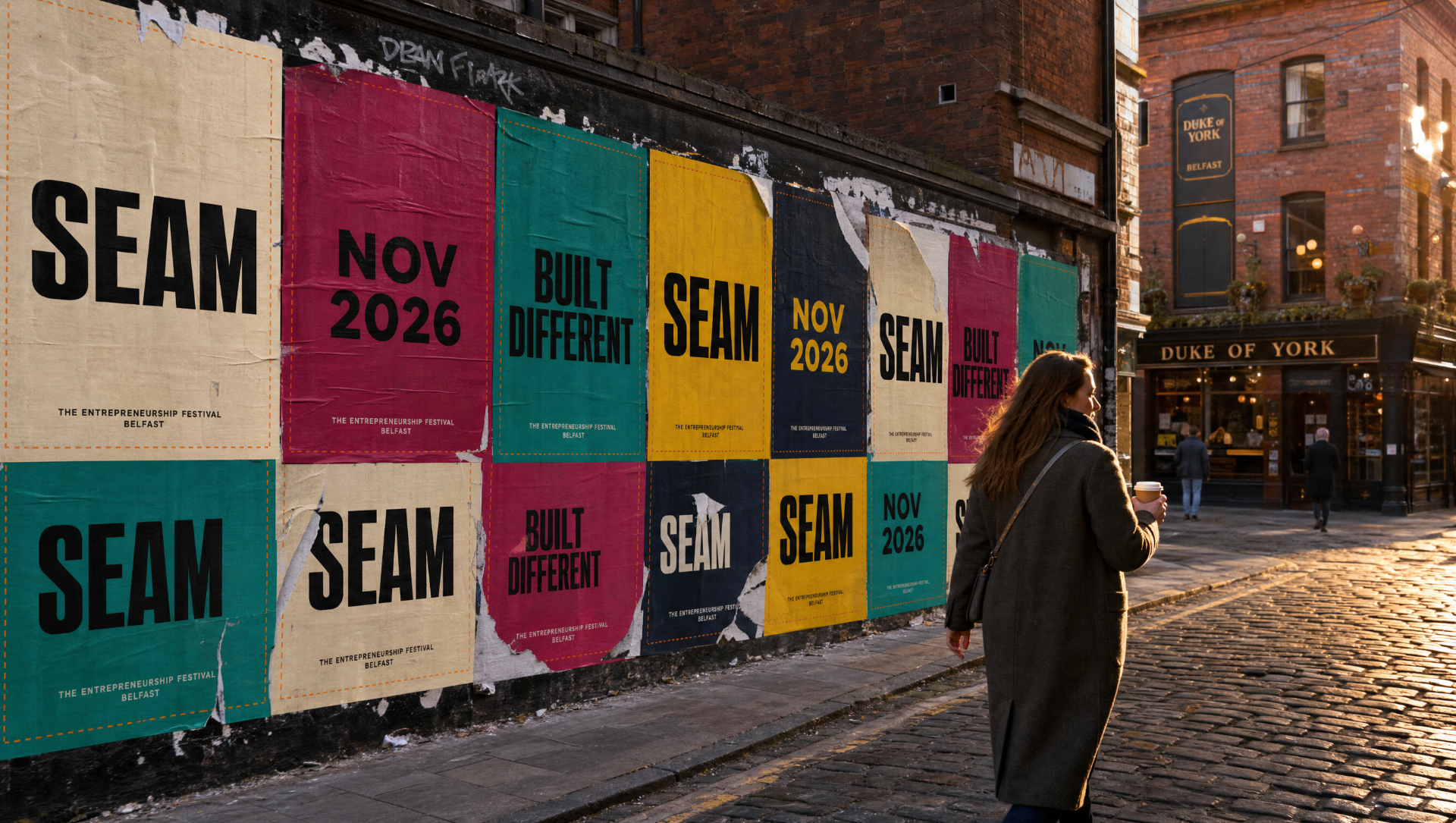 SEAM poster wall in the Cathedral Quarter, Belfast